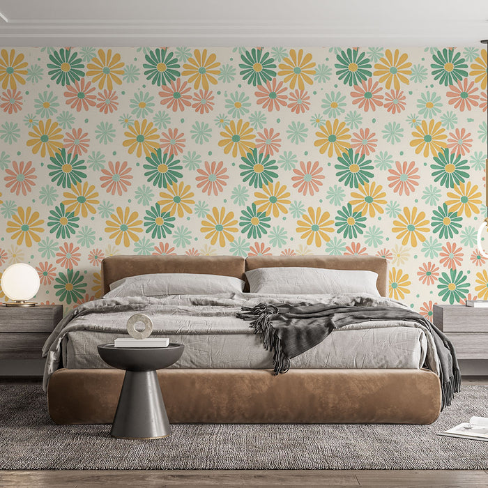 Papier peint floral rétro | Design rétro multicolore