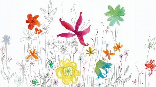 Papier peint aquarelle Fleurs colorées et esquisses