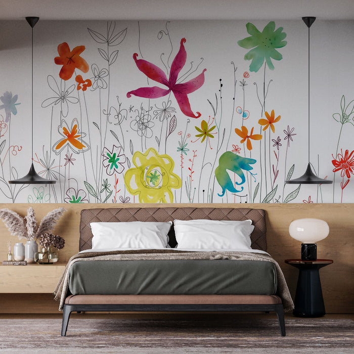 Papier peint aquarelle | Fleurs colorées et esquisses