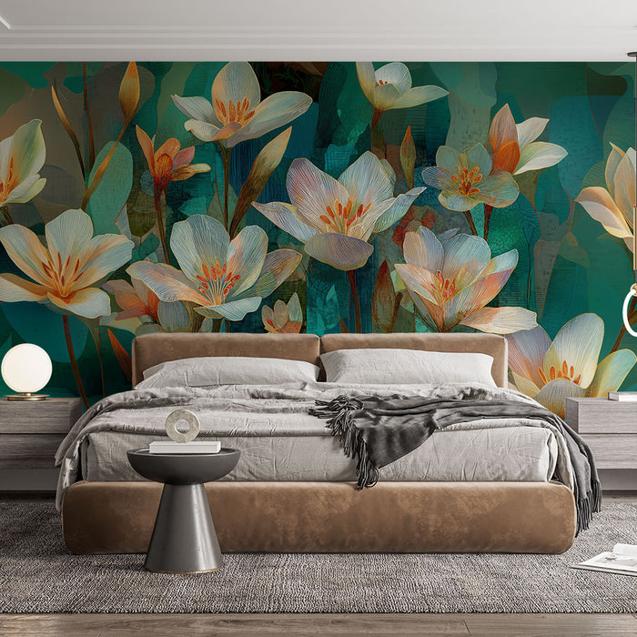 Papier peint floral | Fleurs élégantes sur fond vert