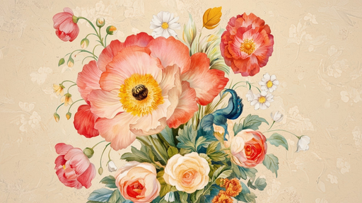 Papier peint floral vintage Bouquet éclatant sur fond beige