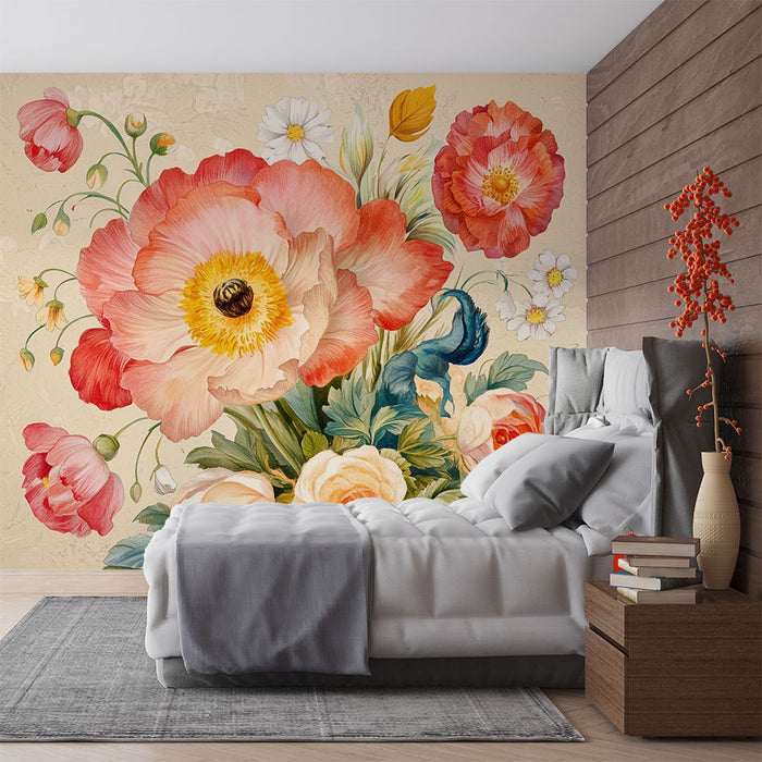Papier peint floral vintage | Bouquet éclatant sur fond beige