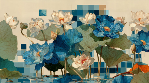 Papier peint floral Motifs de lotus et nuances bleues