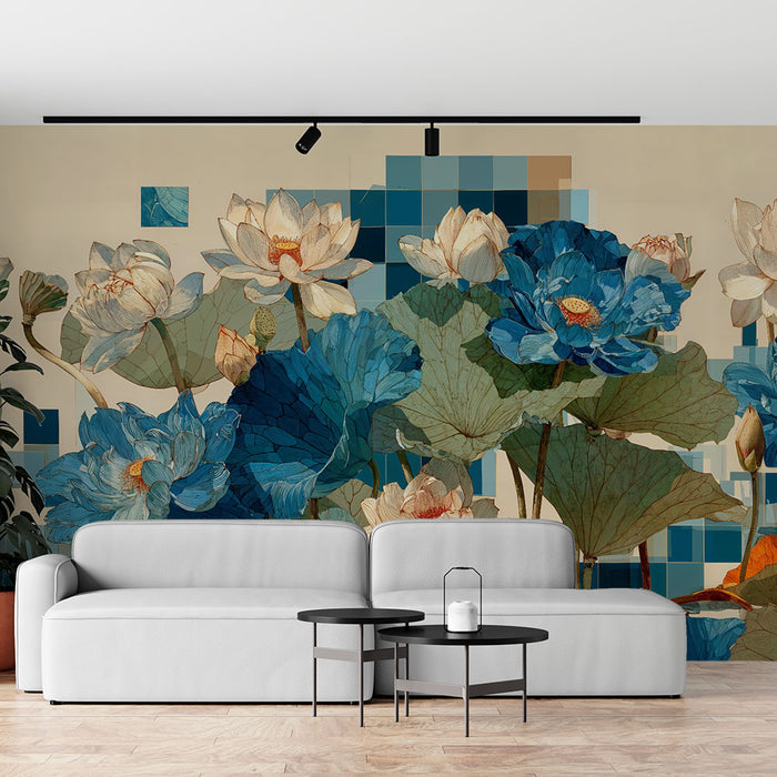 Papier peint floral | Motifs de lotus et nuances bleues