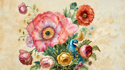 Papier peint floral et paon Élégance et harmonie
