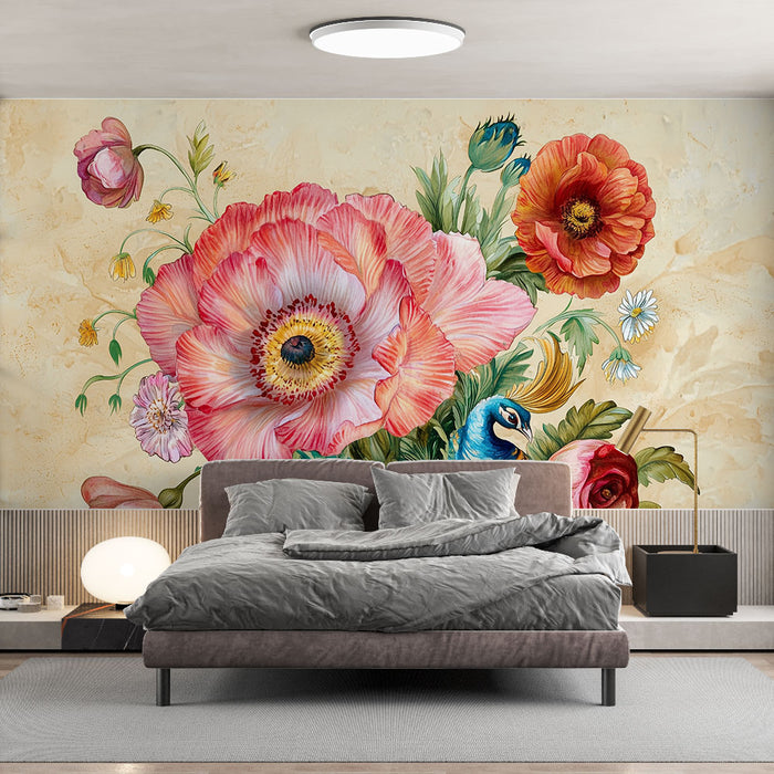 Papier peint floral et paon | Élégance et harmonie