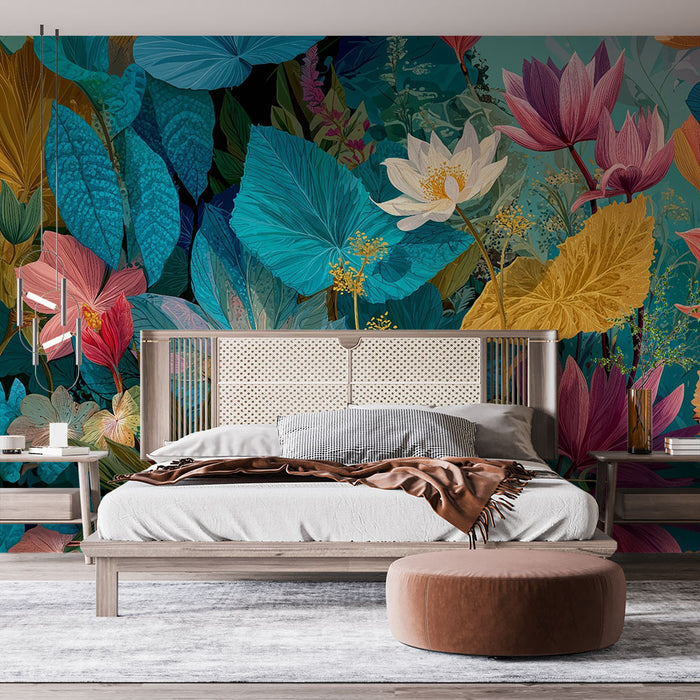 Papier peint floral exotique | Feuillage coloré et vibrant