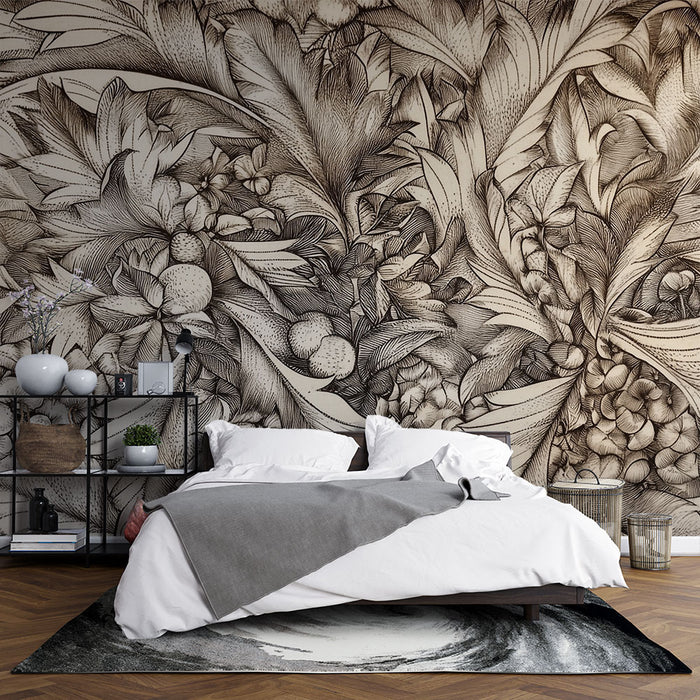 Papier peint botanique | Motif floral et feuillage délicat