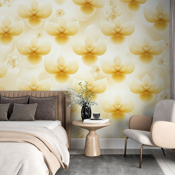 Papier peint floral | Fleurs dorées et blanches