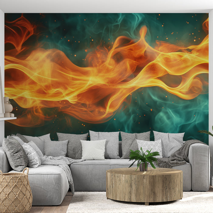 Papier peint mural design avec flammes orange et vert pour salon moderne