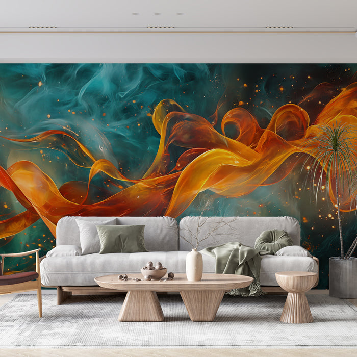 Papier peint moderne avec motifs de flammes orange et bleues pour salon contemporain