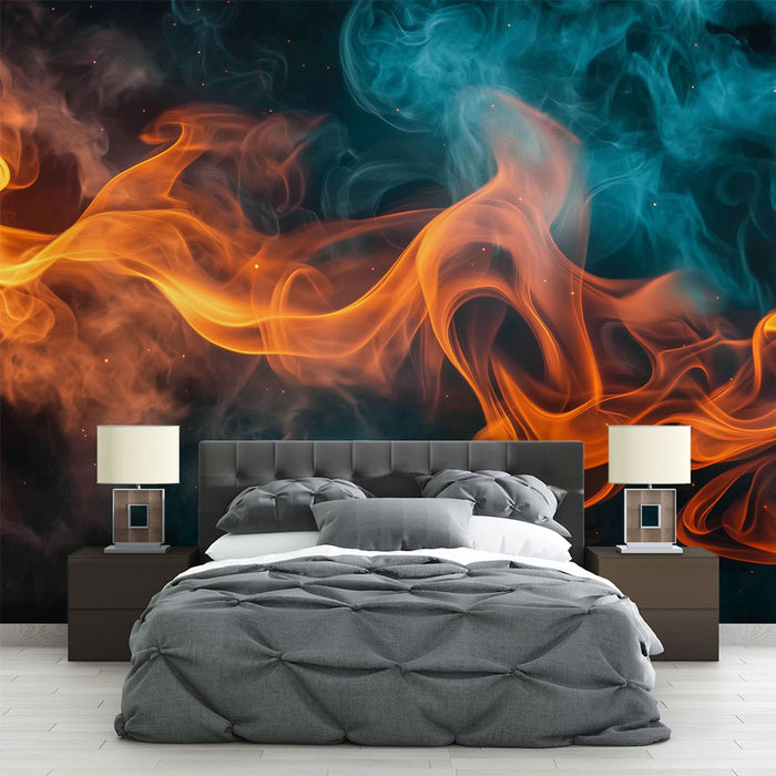 Papier peint mural avec motifs de flammes orange et bleues pour chambre moderne et élégante