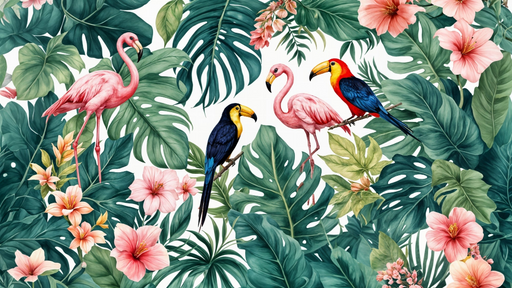 Papier peint tropical Flamants roses et toucans exotiques