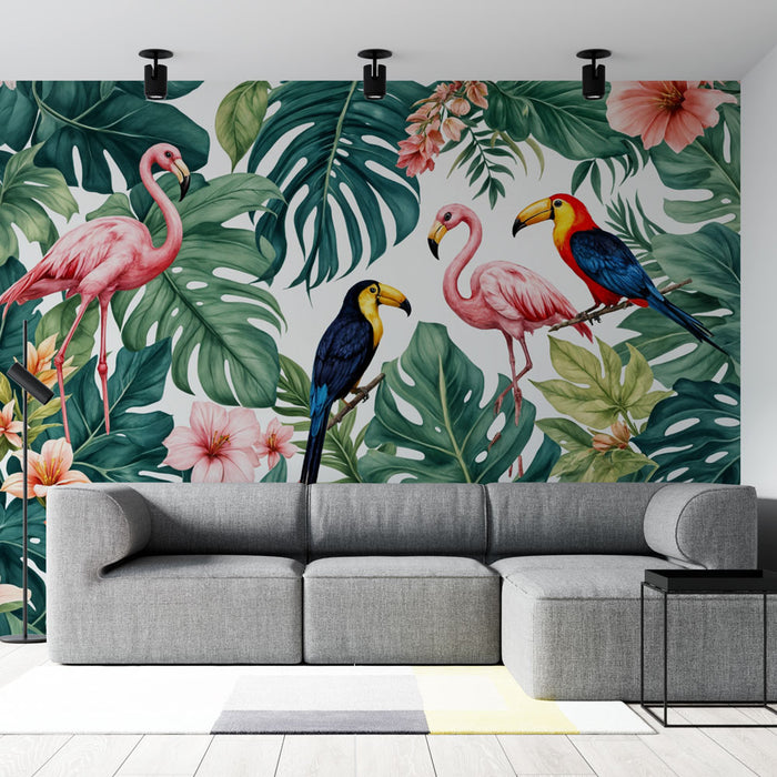 Papier peint tropical | Flamants roses et toucans exotiques