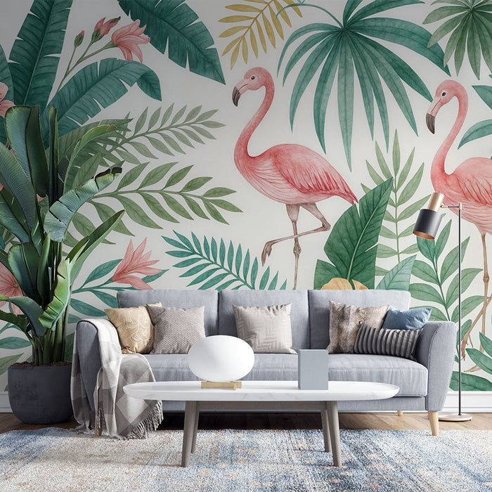 Papier peint flamants roses | Décor tropical et botanique