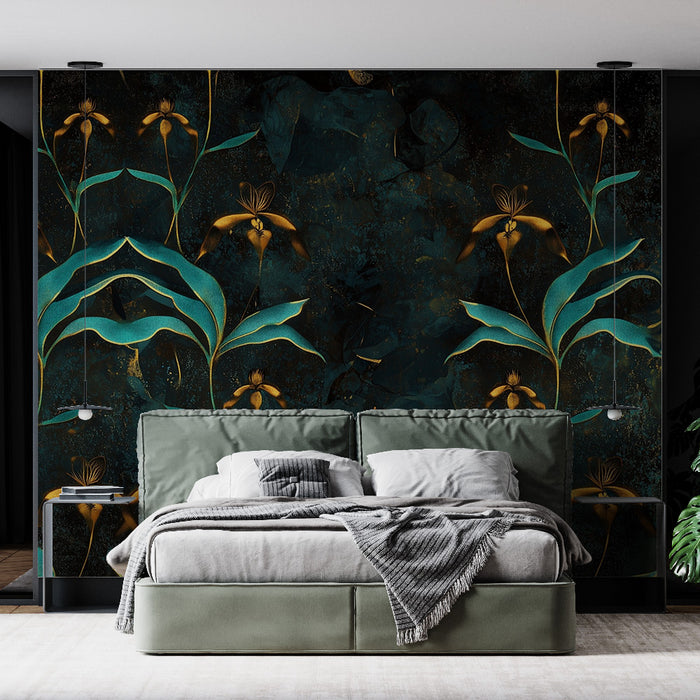Papier peint floral | Design abstrait bleu et doré