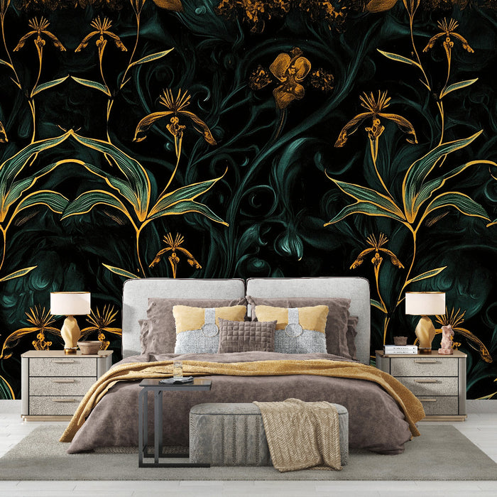 Papier peint fleurs exotiques | Noir et Or