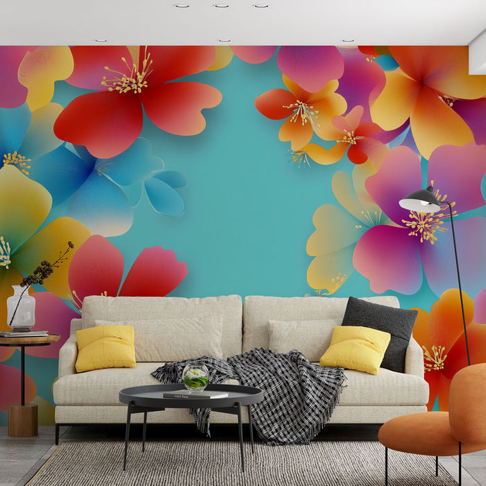 Papier peint floral | Composition de fleurs multicolores sur fond turquoise