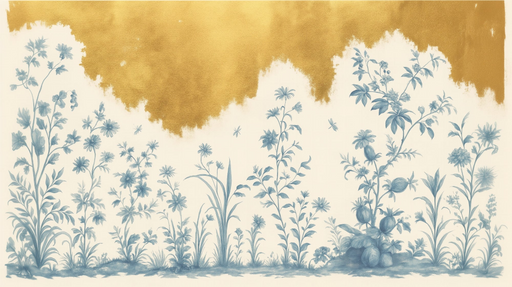 Papier peint floral Arrière-plan doré et fleurs bleues