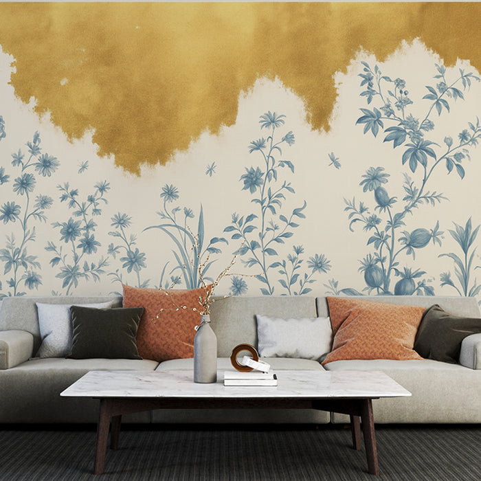 Papier peint floral | Arrière-plan doré et fleurs bleues