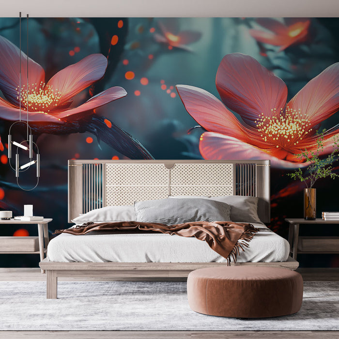 Papier peint floral moderne avec fleurs rouges et bleues pour chambre à coucher élégante