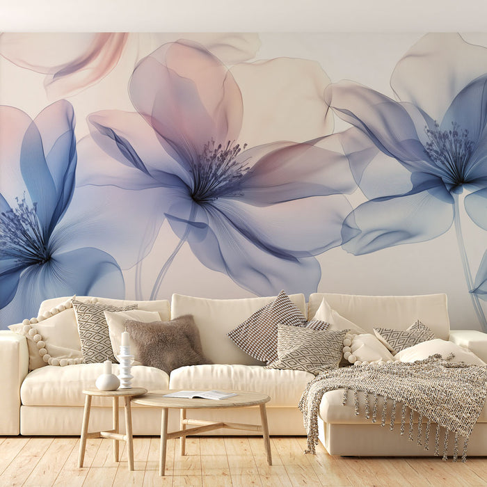 Papier peint floral bleu avec grandes fleurs translucides pour salon élégant