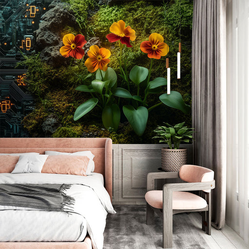 Papier peint futuriste avec fleurs orange et fond technologique pour chambre moderne