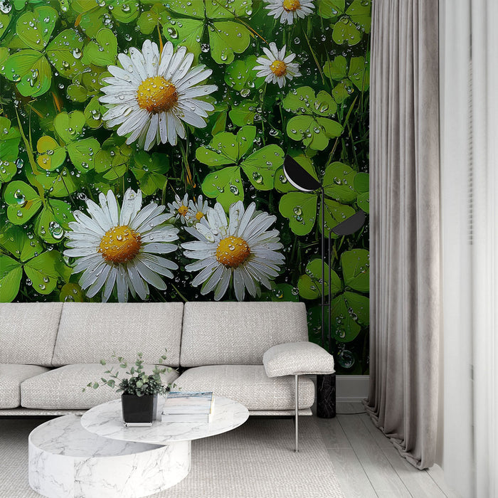 Papier peint marguerites et trèfle | Nature vivante et fraîcheur
