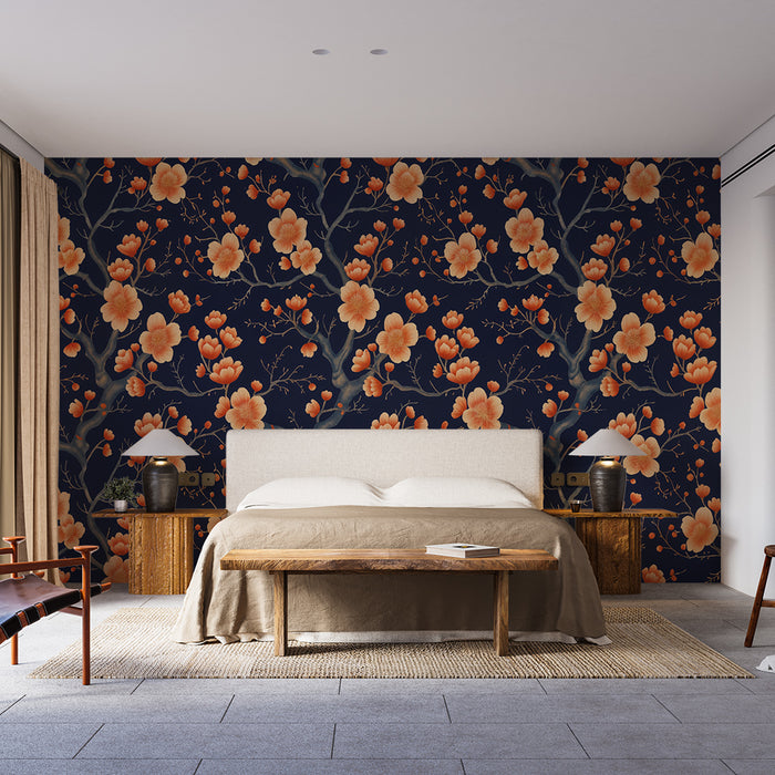 Papier peint floral | Motif de fleurs sur fond bleu