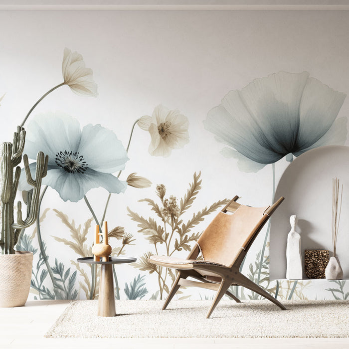 Papier peint floral avec grandes fleurs bleues et cactus pour salon moderne et élégant.