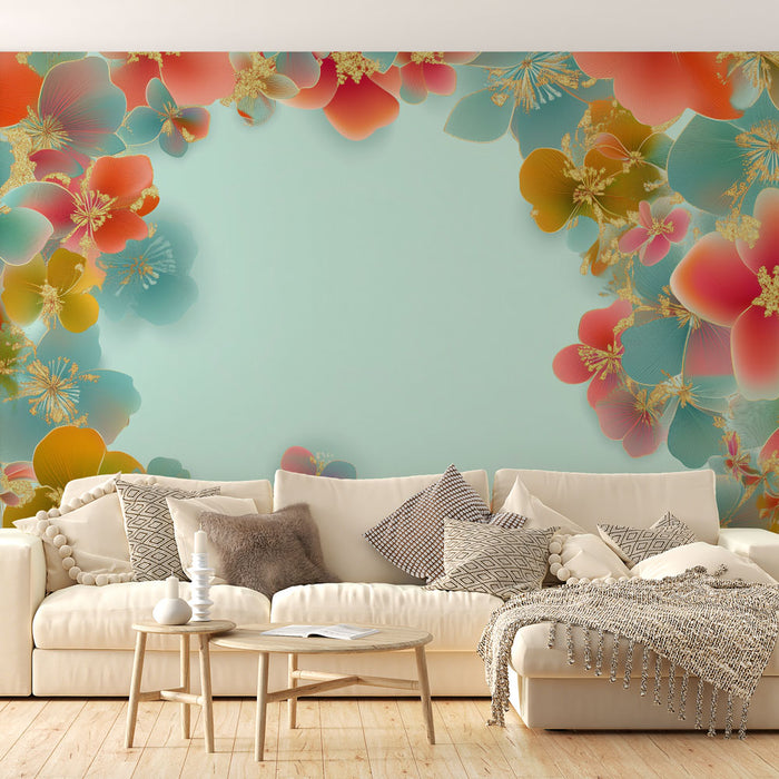 Papier peint floral | Fleurs pastel et dorées