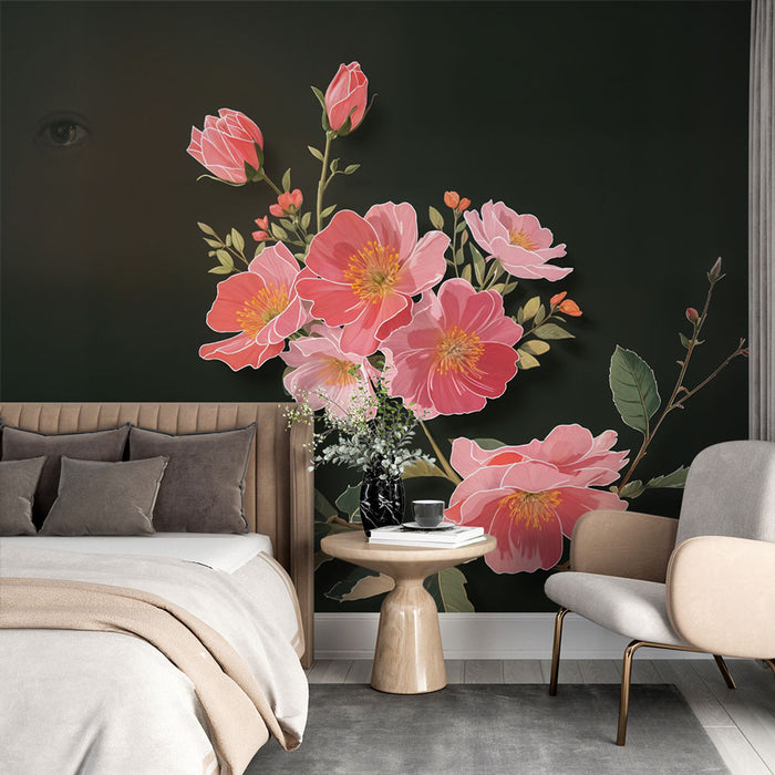 Papier peint floral | Fleurs roses sur fond sombre