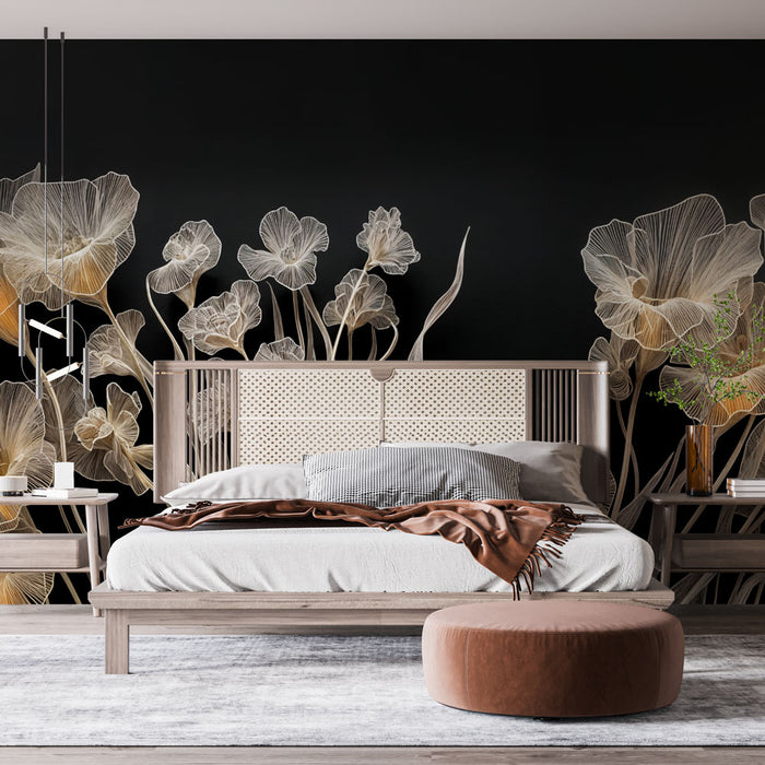 Papier peint floral | Élégance florale sur fond noir