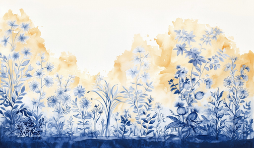 Papier peint floral Style aquarelle bleu et ocre