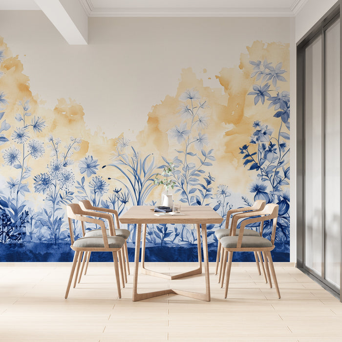 Papier peint floral | Style aquarelle bleu et ocre