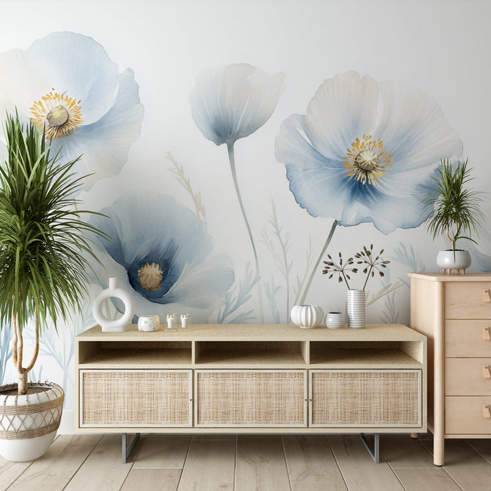 Papier peint floral bleu avec grandes fleurs pour salon moderne et élégant