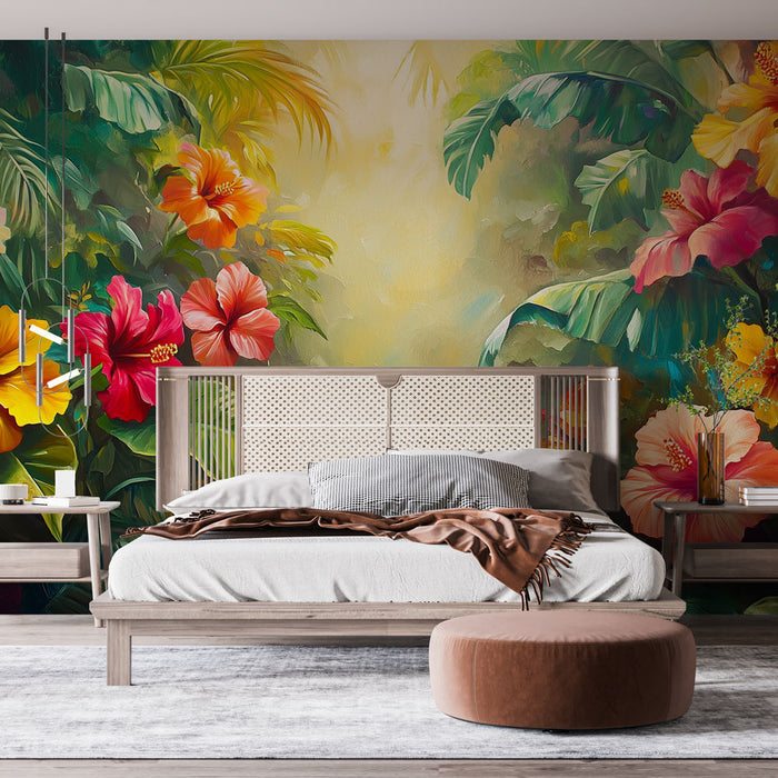 Papier peint tropical avec fleurs exotiques colorées pour chambre à coucher moderne
