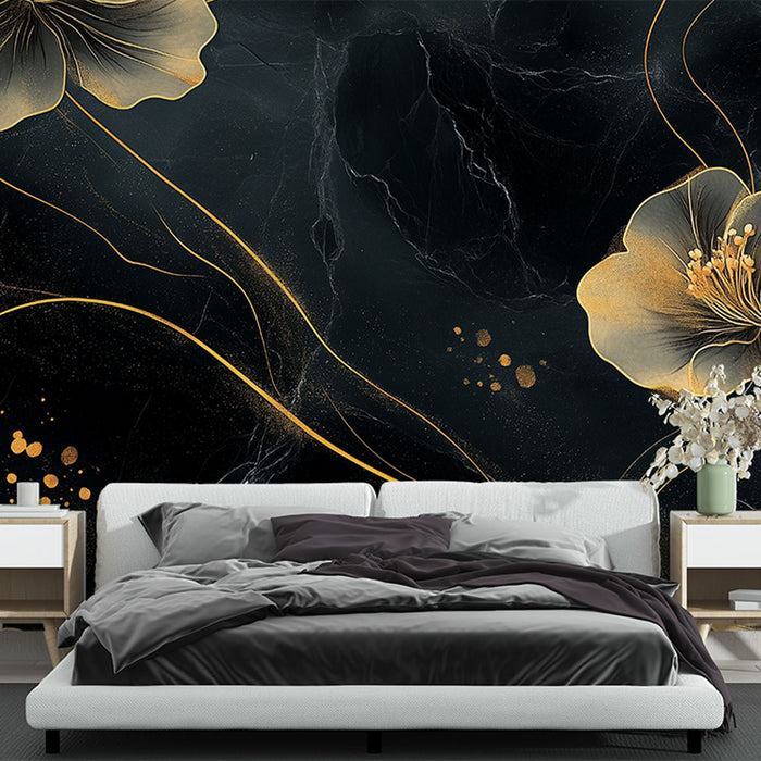 Papier peint floral | Élégance noire et dorée