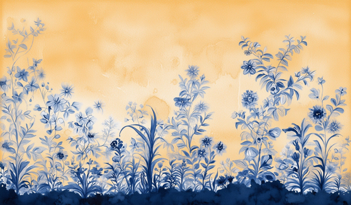 Papier peint botanique Fleurs bleues sur fond ocre