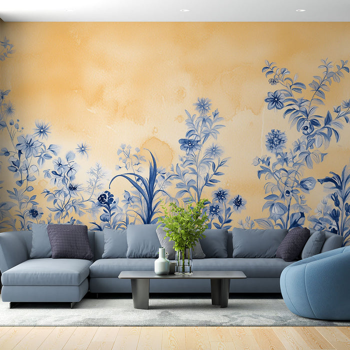 Papier peint botanique | Fleurs bleues sur fond ocre