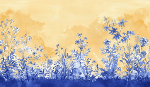 Papier peint floral Fleurs bleues sur fond jaune