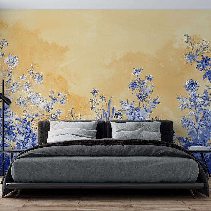 Papier peint floral | Fleurs bleues sur fond jaune