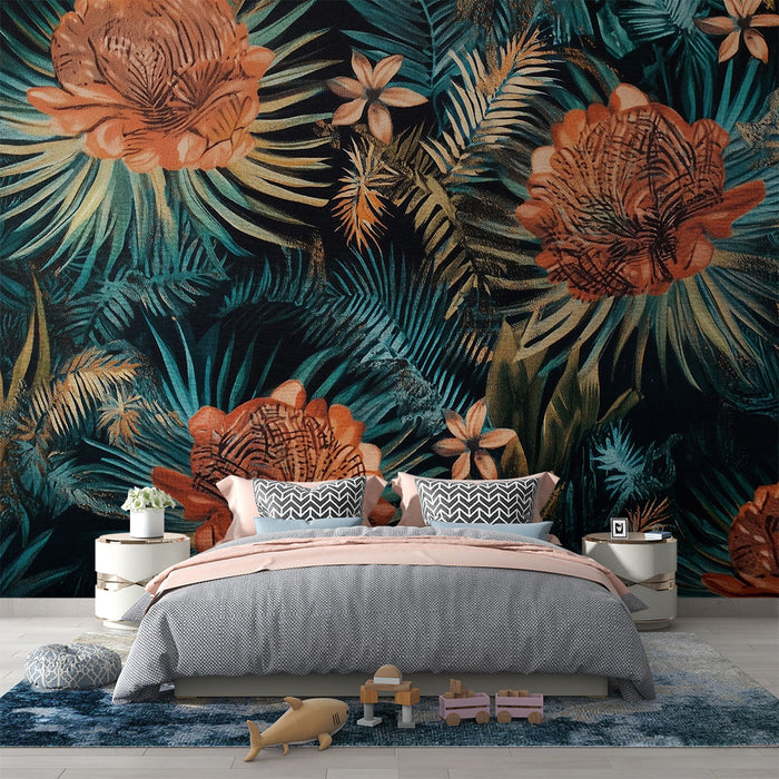 Papier peint tropical | Fleurs et feuillage exotique