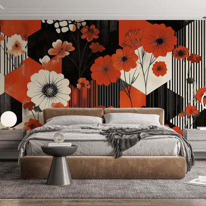 Papier peint floral moderne avec motifs géométriques rouges et noirs pour chambre à coucher élégante