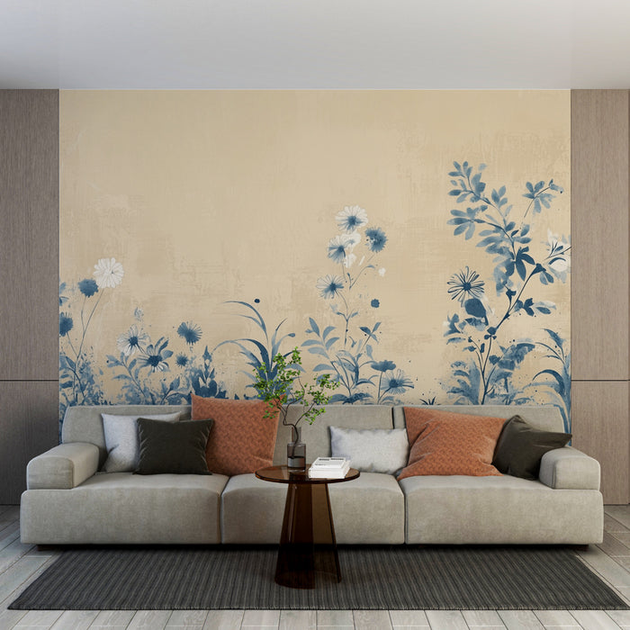 Papier peint floral | Design végétal bleu et beige