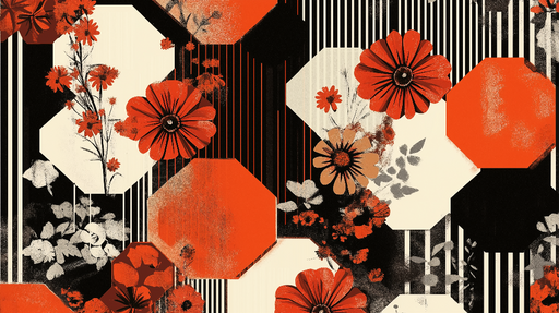 Papier peint floral géométrique Motif rouge, noir et blanc