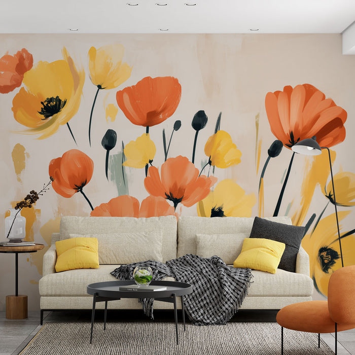 Papier peint floral | Coquelicots jaunes et oranges