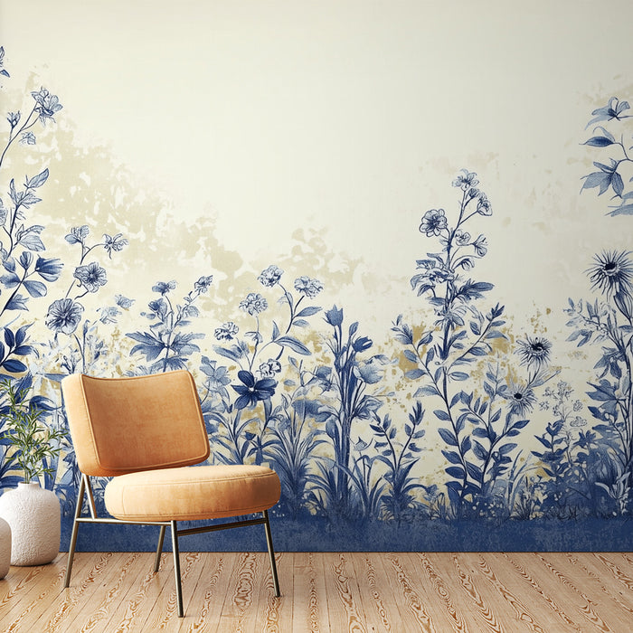 Papier peint floral | Bleu et Crème
