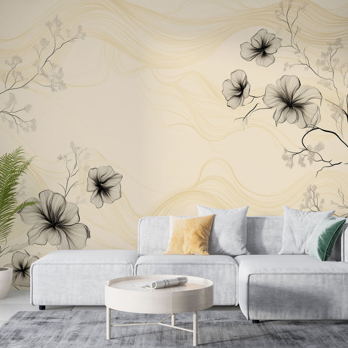 Papier peint floral beige avec motifs de fleurs noires pour salon élégant