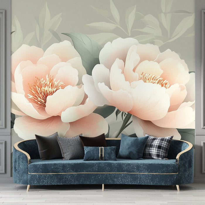 Papier peint floral avec pivoines roses et feuillage vert pour salon élégant